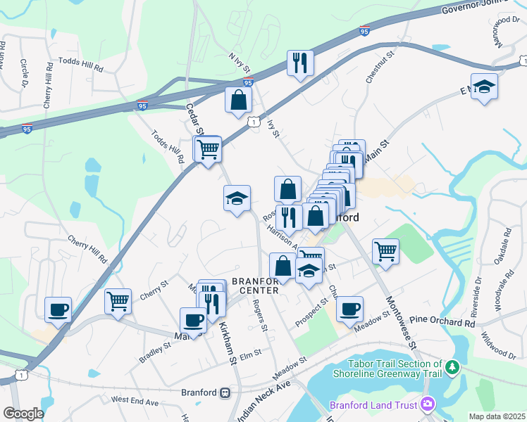 map of restaurants, bars, coffee shops, grocery stores, and more near 69 Cedar Street in Branford