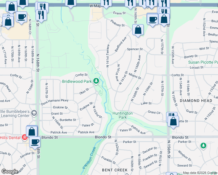 map of restaurants, bars, coffee shops, grocery stores, and more near 2606 North 161st Terrace in Omaha
