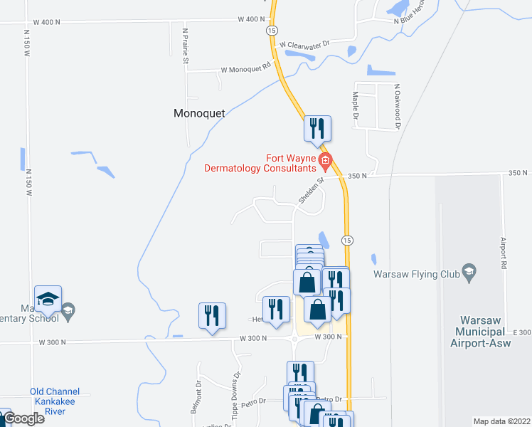 map of restaurants, bars, coffee shops, grocery stores, and more near 120 Cherry Street in Warsaw