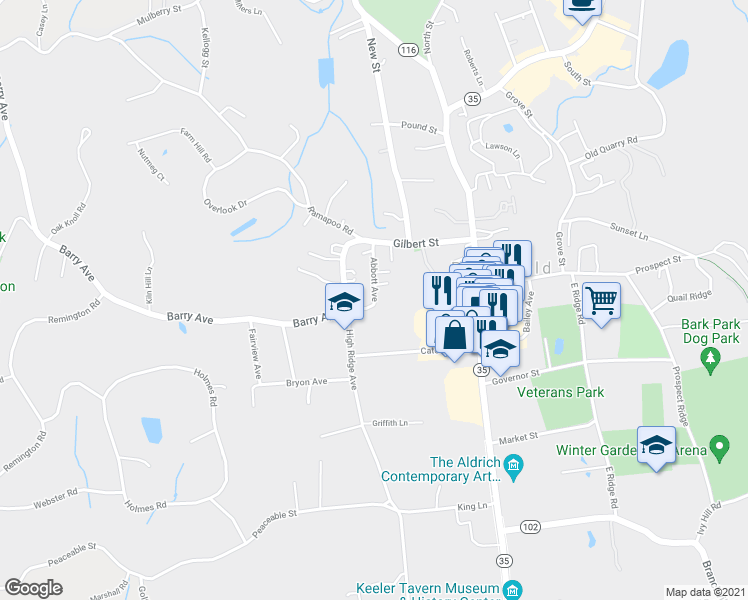 map of restaurants, bars, coffee shops, grocery stores, and more near 32 Abbott Avenue in Ridgefield