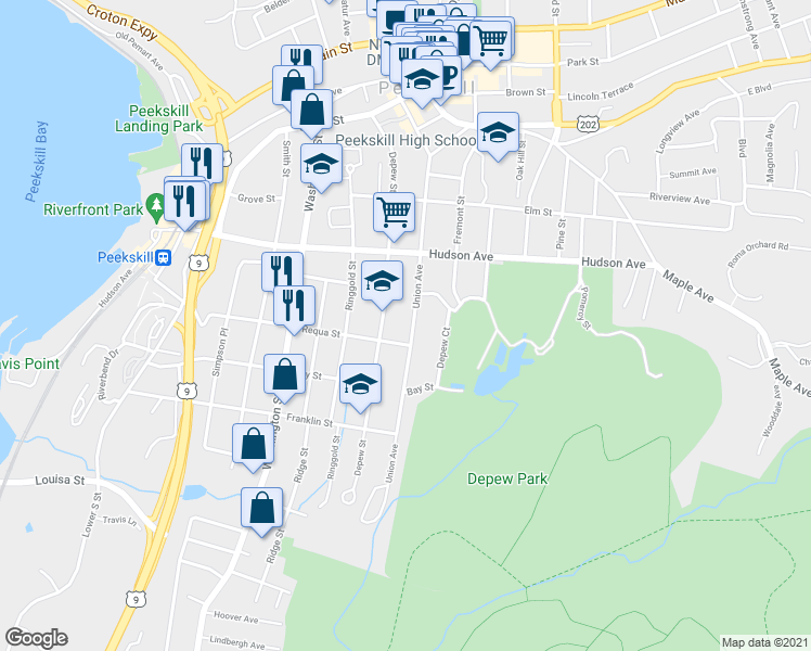 map of restaurants, bars, coffee shops, grocery stores, and more near 348 Union Avenue in Peekskill