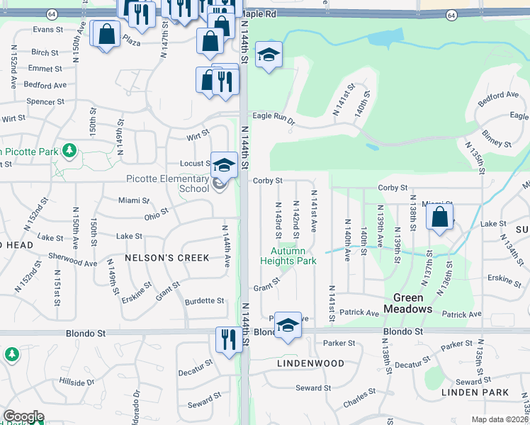 map of restaurants, bars, coffee shops, grocery stores, and more near 2523 North 143rd Avenue in Omaha