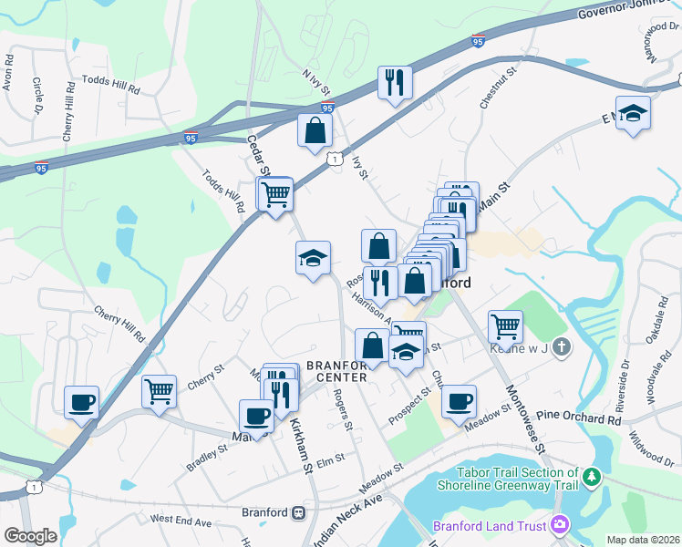 map of restaurants, bars, coffee shops, grocery stores, and more near 69 Cedar Street in Branford