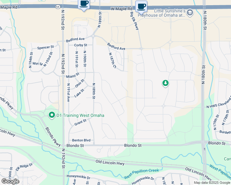 map of restaurants, bars, coffee shops, grocery stores, and more near 2519 North 187th Avenue in Douglas County