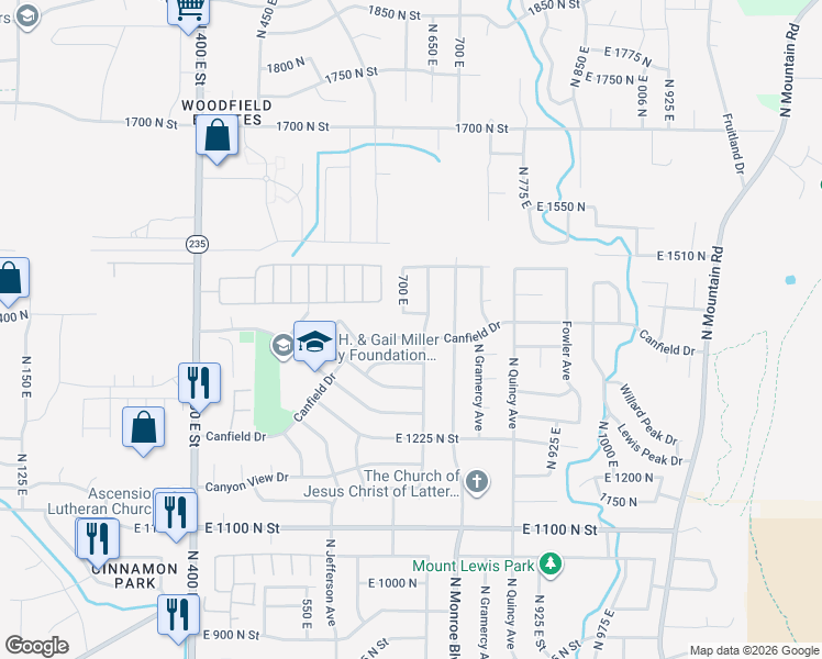map of restaurants, bars, coffee shops, grocery stores, and more near 726 Canfield Drive in Ogden