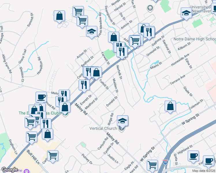 map of restaurants, bars, coffee shops, grocery stores, and more near 168 Tuthill Street in West Haven