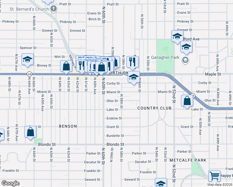 map of restaurants, bars, coffee shops, grocery stores, and more near 5815 Miami Street in Omaha