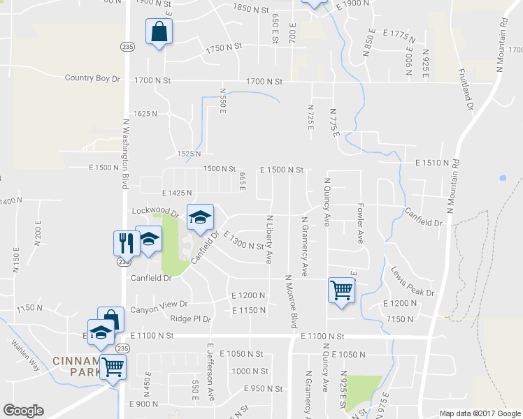 map of restaurants, bars, coffee shops, grocery stores, and more near 726 Canfield Drive in Ogden