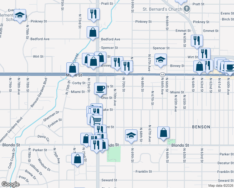 map of restaurants, bars, coffee shops, grocery stores, and more near 2611 North 70th Avenue in Omaha
