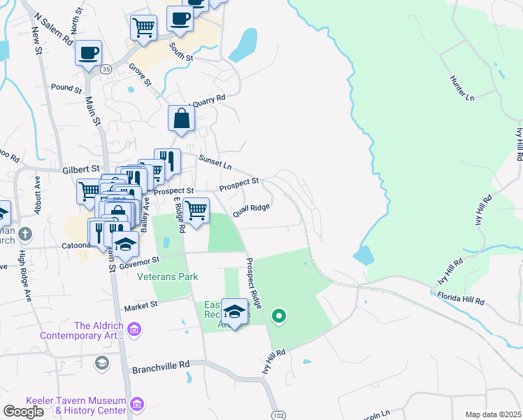 map of restaurants, bars, coffee shops, grocery stores, and more near 46 Quail Ridge in Ridgefield