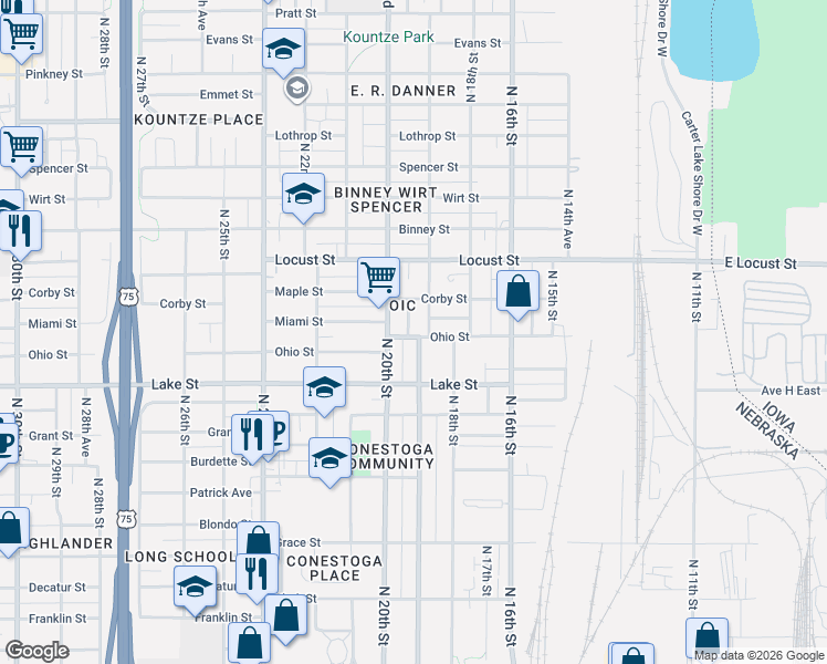 map of restaurants, bars, coffee shops, grocery stores, and more near 1910 Ohio Street in Omaha