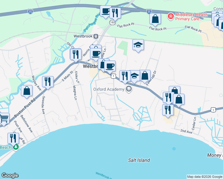 map of restaurants, bars, coffee shops, grocery stores, and more near 45 Salt Island Road in Westbrook