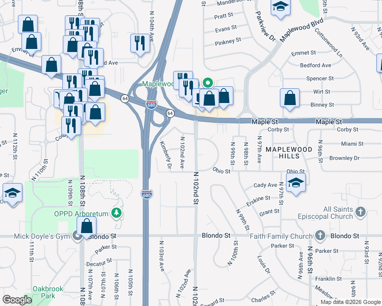 map of restaurants, bars, coffee shops, grocery stores, and more near 2628 North 102nd Street in Omaha