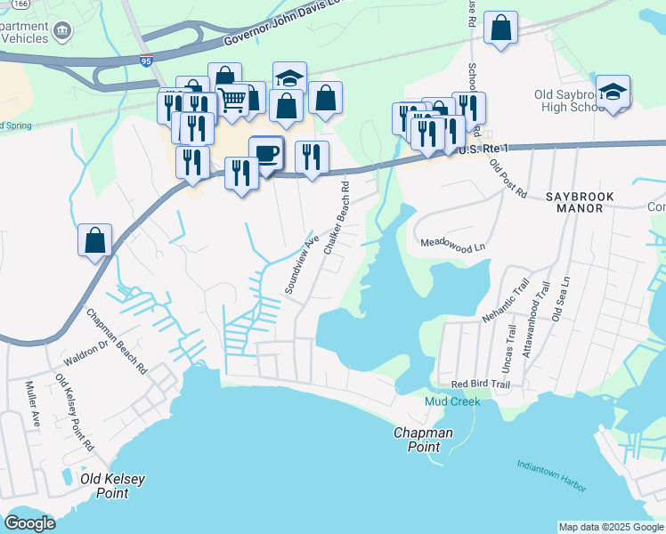 map of restaurants, bars, coffee shops, grocery stores, and more near 3 Gagnon Avenue in Old Saybrook