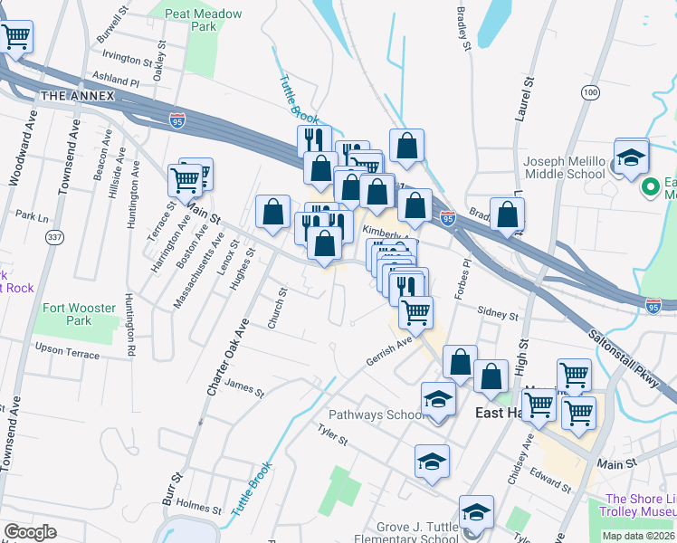 map of restaurants, bars, coffee shops, grocery stores, and more near 510 Main Street in East Haven