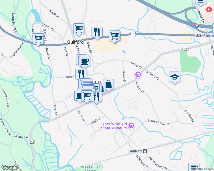 map of restaurants, bars, coffee shops, grocery stores, and more near 24 Graves Avenue in Guilford