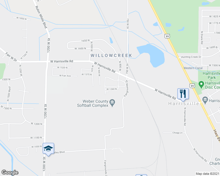 map of restaurants, bars, coffee shops, grocery stores, and more near 847 West 1290 North Street in Ogden