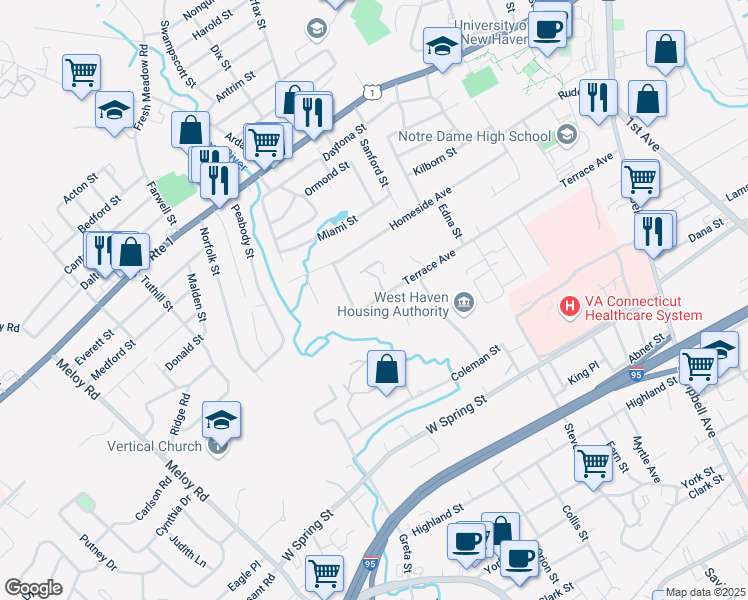 map of restaurants, bars, coffee shops, grocery stores, and more near 321 Terrace Avenue in West Haven