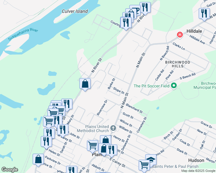 map of restaurants, bars, coffee shops, grocery stores, and more near 31 Burke St in Wilkes-Barre