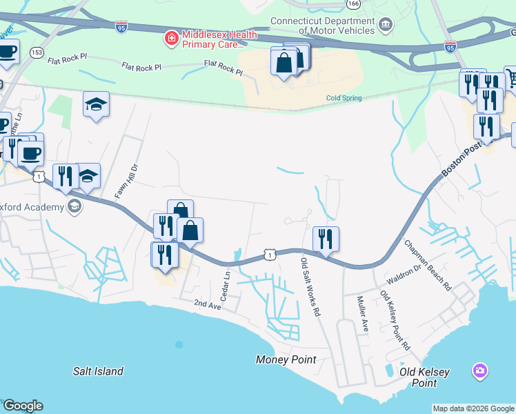 map of restaurants, bars, coffee shops, grocery stores, and more near 18 Old Forge Road in Westbrook