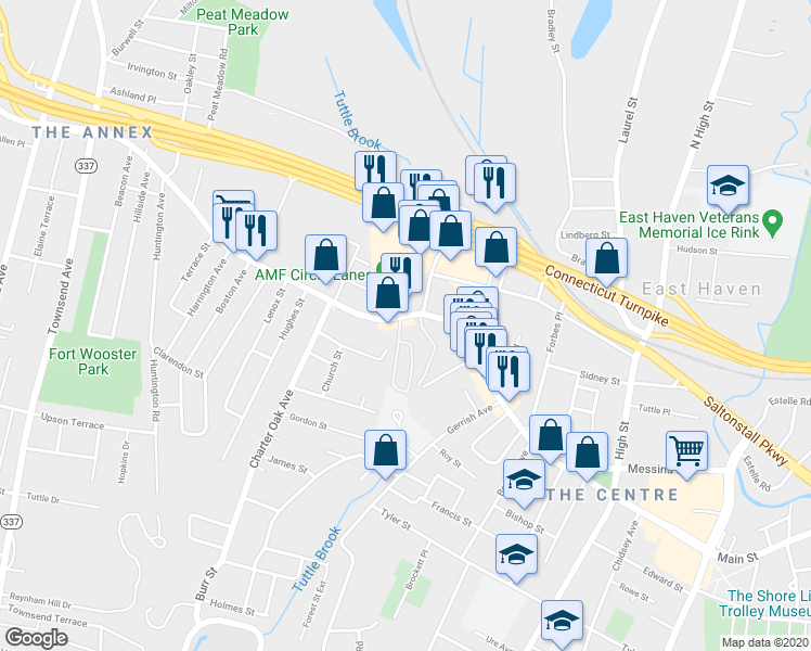 map of restaurants, bars, coffee shops, grocery stores, and more near 510 Main Street in East Haven