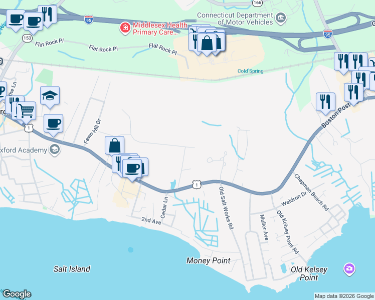 map of restaurants, bars, coffee shops, grocery stores, and more near 18 Old Forge Road in Westbrook