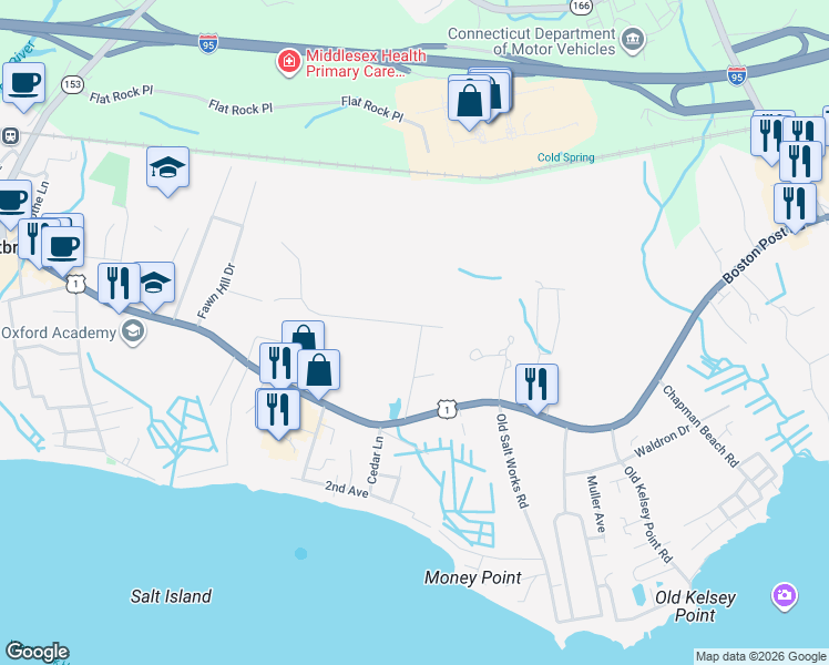 map of restaurants, bars, coffee shops, grocery stores, and more near 18 Old Forge Road in Westbrook