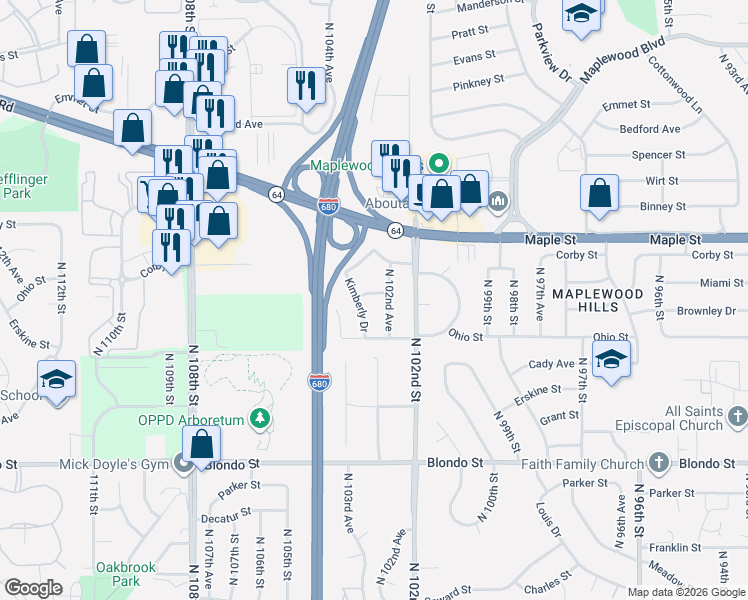 map of restaurants, bars, coffee shops, grocery stores, and more near 10261 Miami Street in Omaha