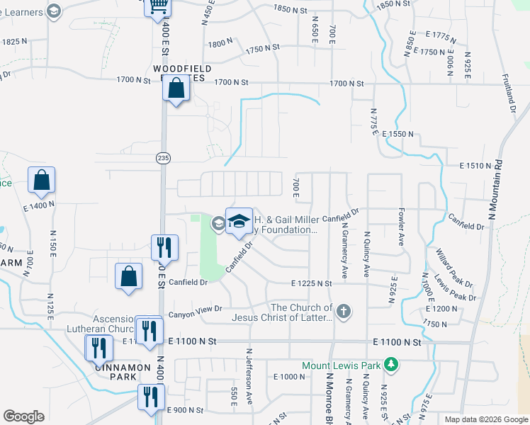 map of restaurants, bars, coffee shops, grocery stores, and more near 1416 Eyrie Drive in Ogden