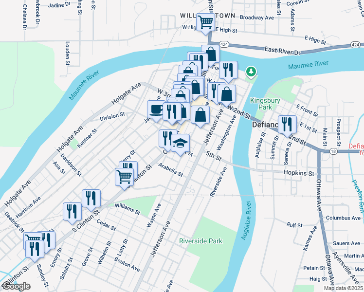 map of restaurants, bars, coffee shops, grocery stores, and more near 620 Wayne Ave in Defiance