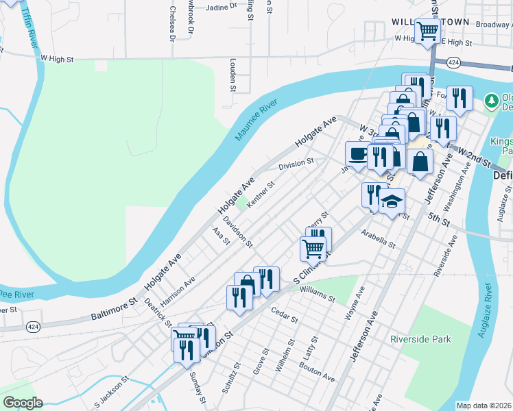 map of restaurants, bars, coffee shops, grocery stores, and more near 801 Kentner St in Defiance