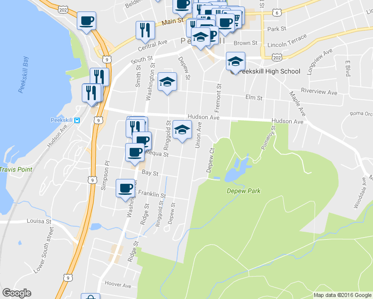 map of restaurants, bars, coffee shops, grocery stores, and more near 343 Depew Street in Peekskill