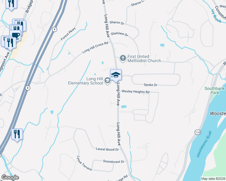 map of restaurants, bars, coffee shops, grocery stores, and more near 579 Long Hill Avenue in Shelton