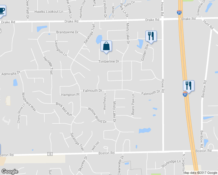 map of restaurants, bars, coffee shops, grocery stores, and more near 16938 Falmouth Drive in Strongsville