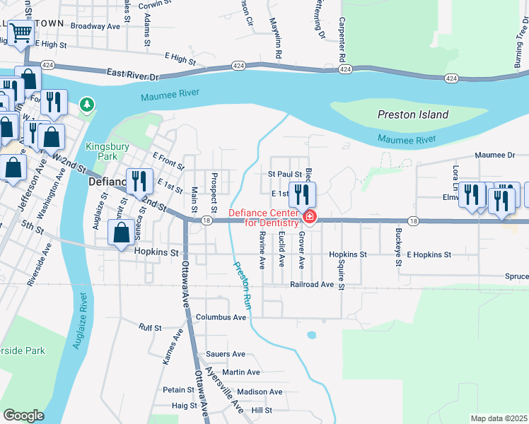 map of restaurants, bars, coffee shops, grocery stores, and more near 836 East 2nd Street in Defiance