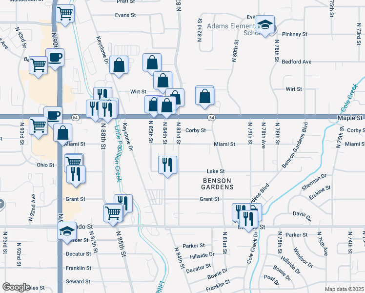map of restaurants, bars, coffee shops, grocery stores, and more near 2545 North 83rd Street in Omaha