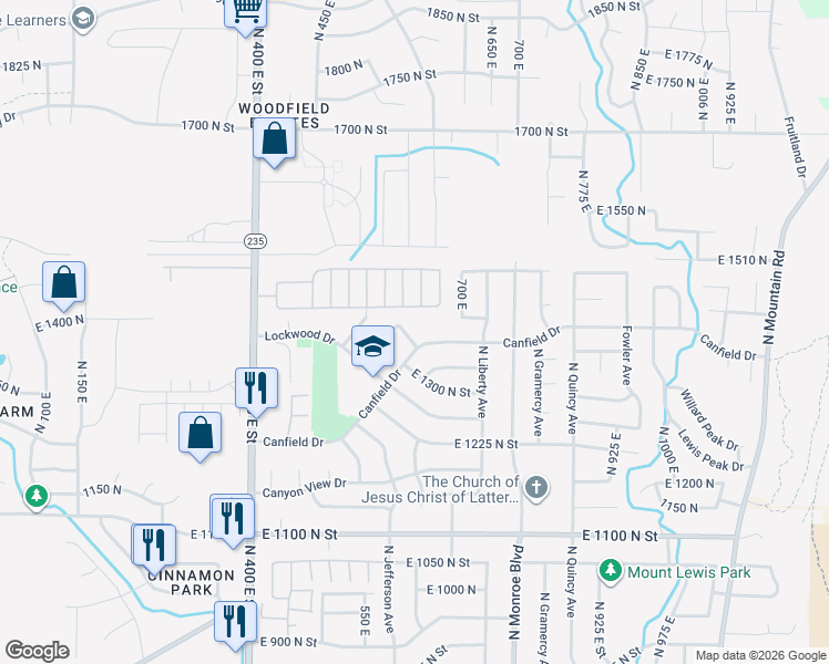 map of restaurants, bars, coffee shops, grocery stores, and more near 1416 Eyrie Drive in Ogden