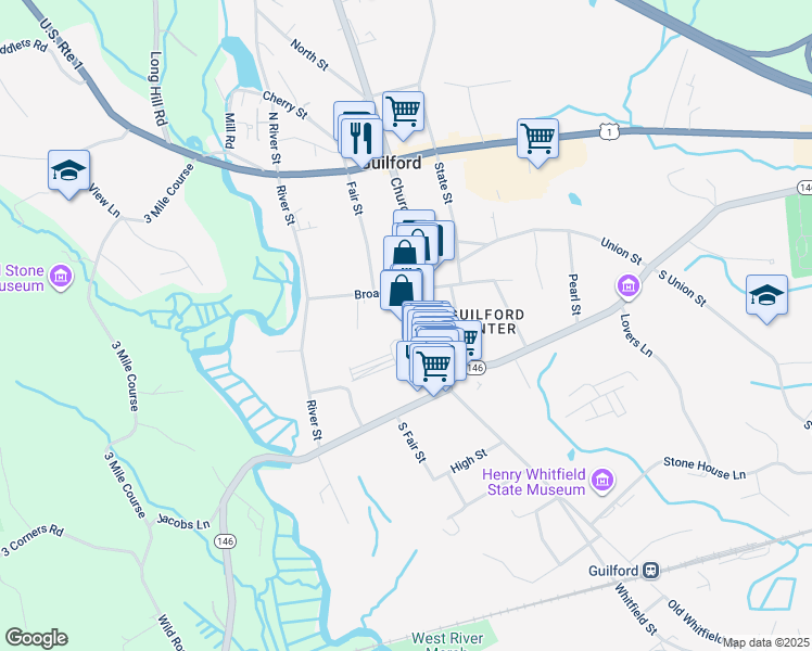 map of restaurants, bars, coffee shops, grocery stores, and more near 29 Whitfield Street in Guilford