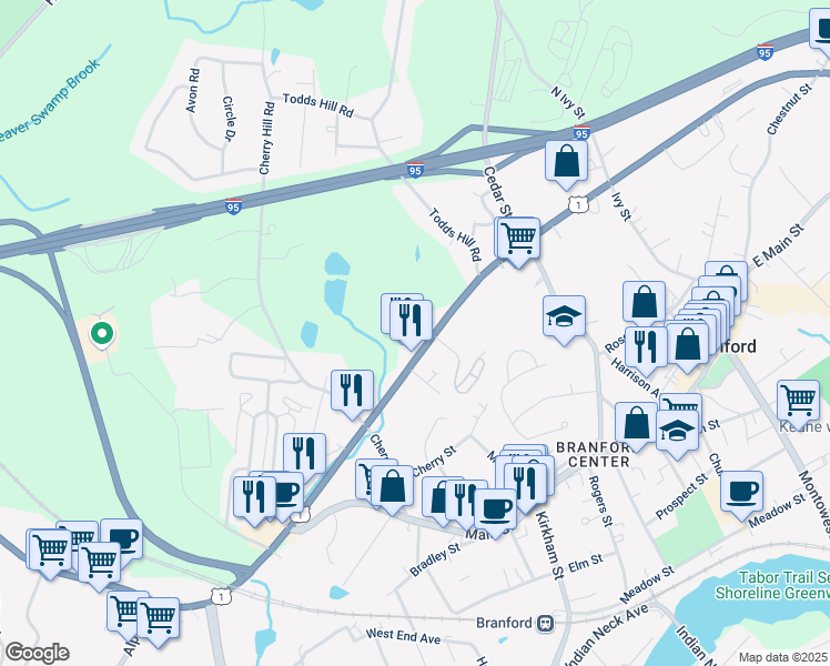 map of restaurants, bars, coffee shops, grocery stores, and more near 10 Grove Avenue in Branford