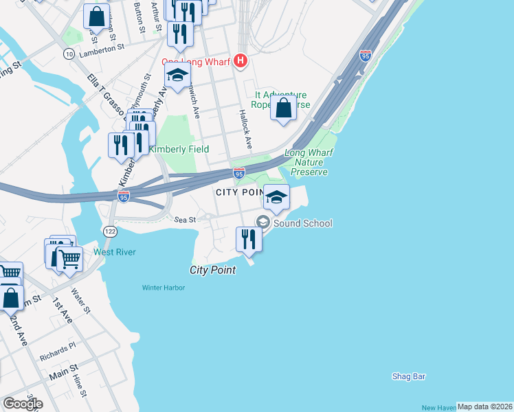 map of restaurants, bars, coffee shops, grocery stores, and more near 58 Sea Street in New Haven