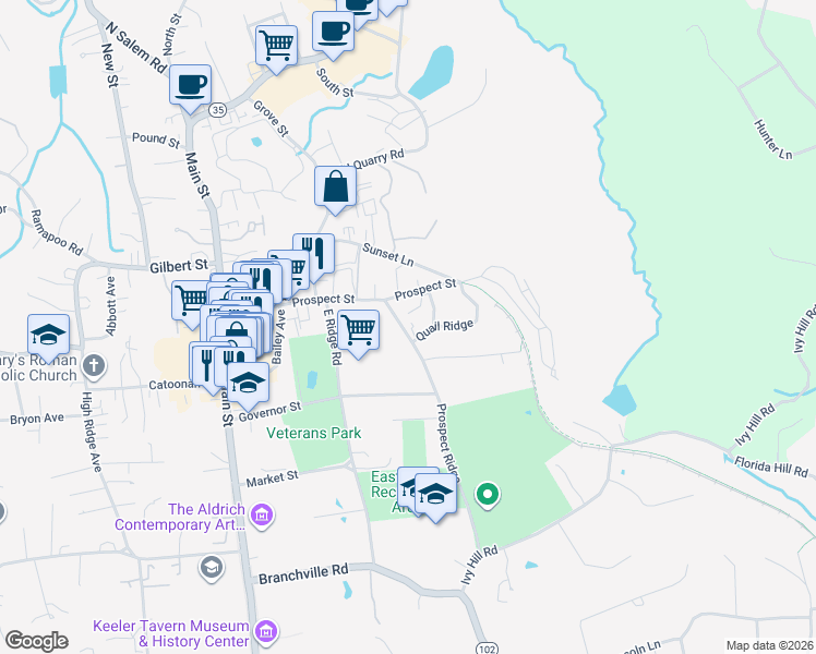 map of restaurants, bars, coffee shops, grocery stores, and more near 33 Quail Ridge in Ridgefield