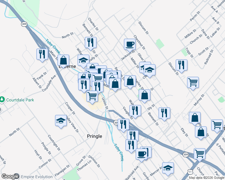 map of restaurants, bars, coffee shops, grocery stores, and more near 30-98 Buckingham Street in Luzerne