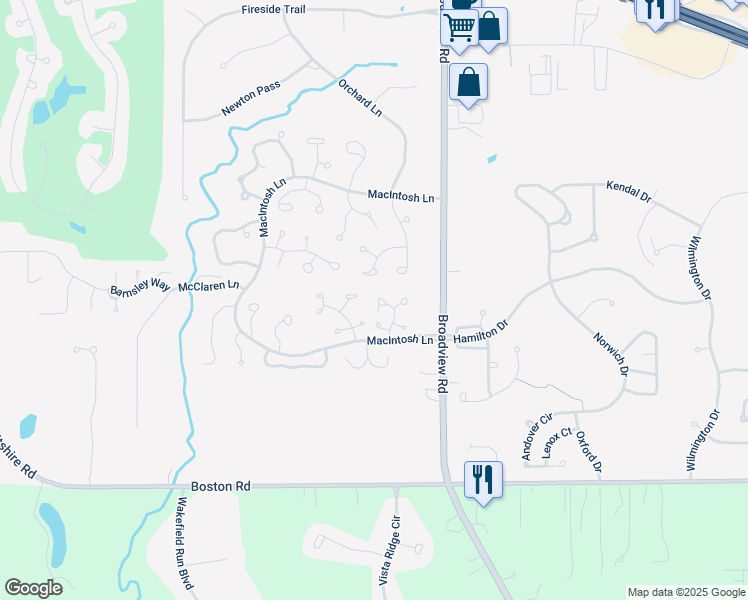 map of restaurants, bars, coffee shops, grocery stores, and more near 1345 Old Mill Path in Broadview Heights