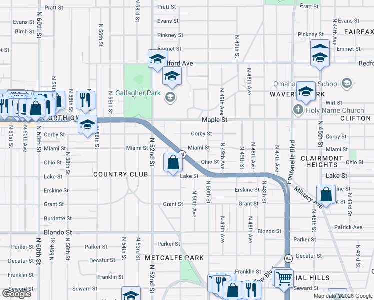 map of restaurants, bars, coffee shops, grocery stores, and more near 5038 Nebraska 64 in Omaha