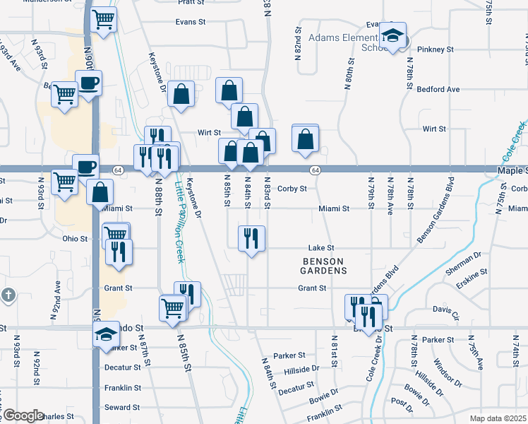 map of restaurants, bars, coffee shops, grocery stores, and more near 2545 North 83rd Street in Omaha