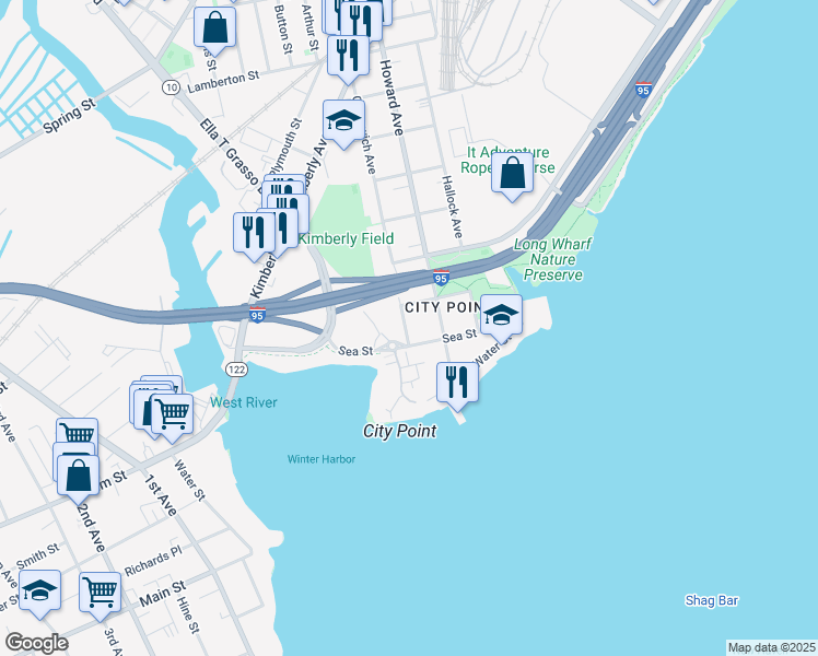 map of restaurants, bars, coffee shops, grocery stores, and more near 99 Greenwich Avenue in New Haven