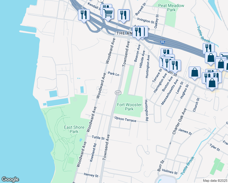 map of restaurants, bars, coffee shops, grocery stores, and more near 968 Townsend Avenue in New Haven