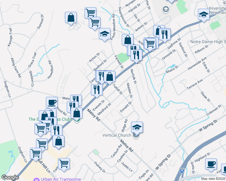 map of restaurants, bars, coffee shops, grocery stores, and more near 95 Everett Street in West Haven