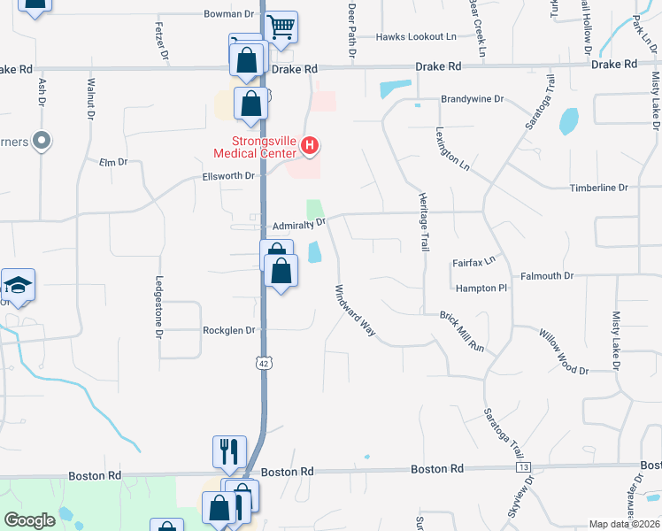 map of restaurants, bars, coffee shops, grocery stores, and more near 18768 Windward Way in Strongsville