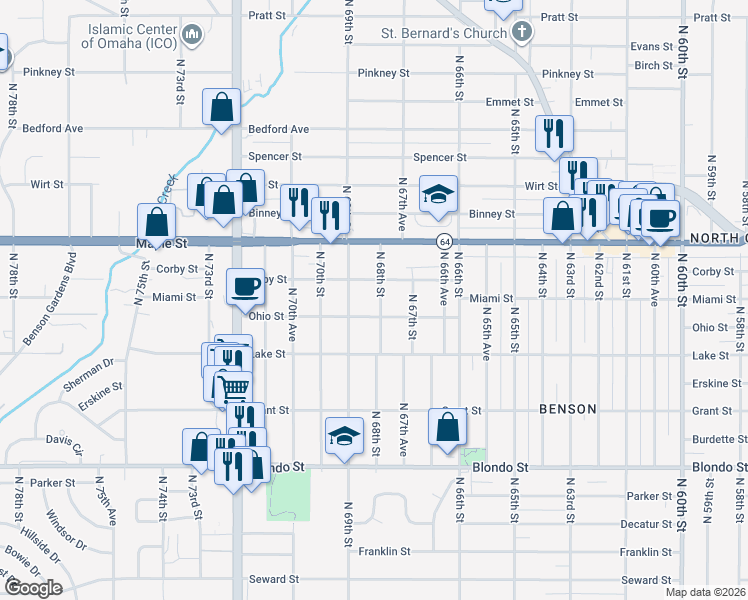 map of restaurants, bars, coffee shops, grocery stores, and more near 2612 North 68th Street in Omaha